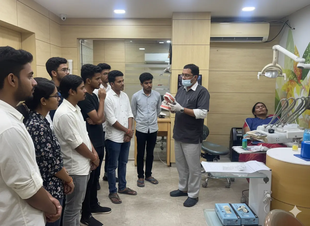 Dr. Gupta holding a model of the jaw, talking a group through a case in the clinic